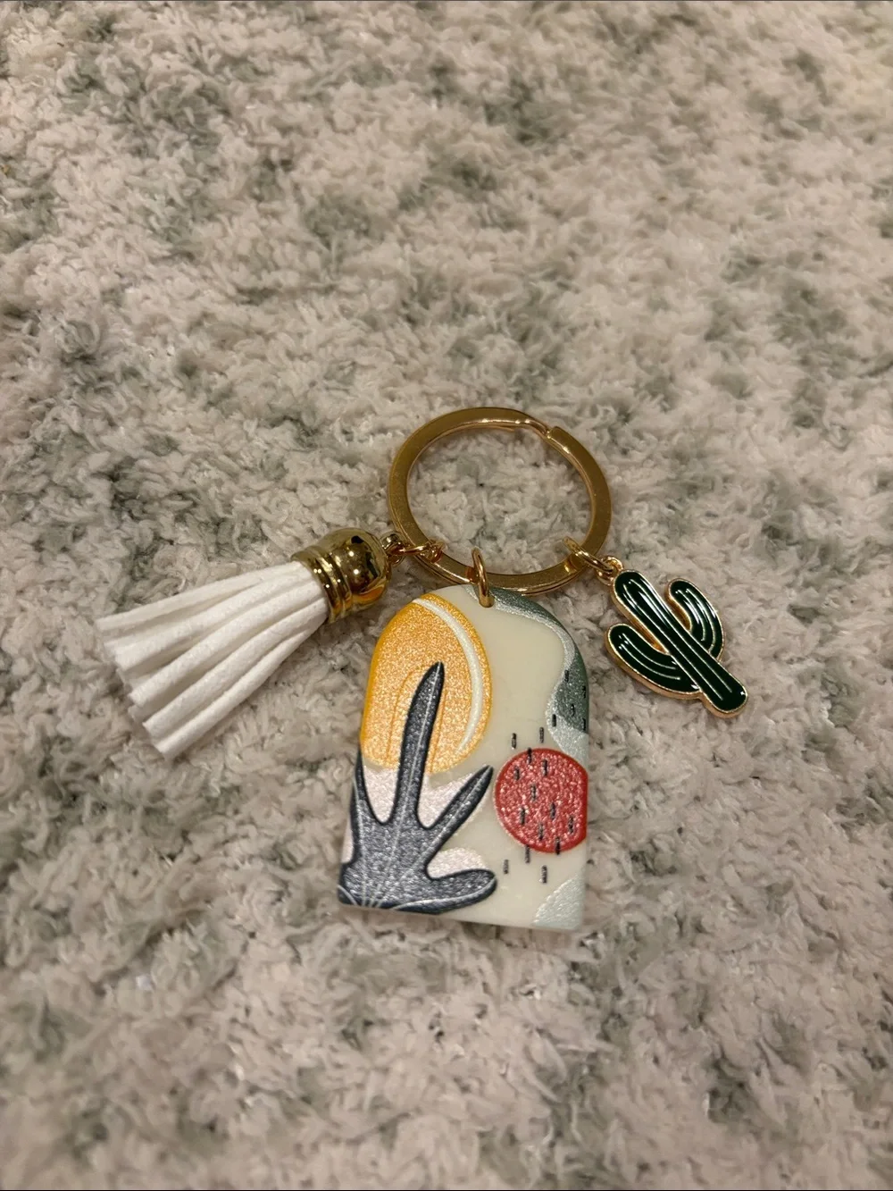 Bohemian Southwest Desert White Tassel Cactus Keychain Bag Charm NWT 2.5”